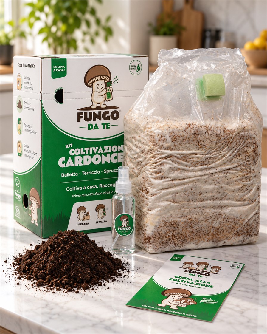 Fungo Da Te kit with box, substrate block, casing soil, sprayer and printed guide