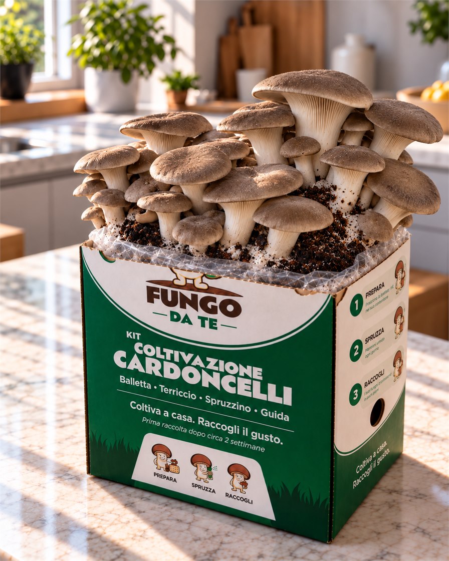 Mature king oyster mushrooms growing from the Fungo Da Te kit