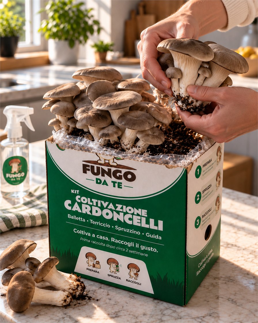 Hands harvesting king oyster mushrooms from the Fungo Da Te kit