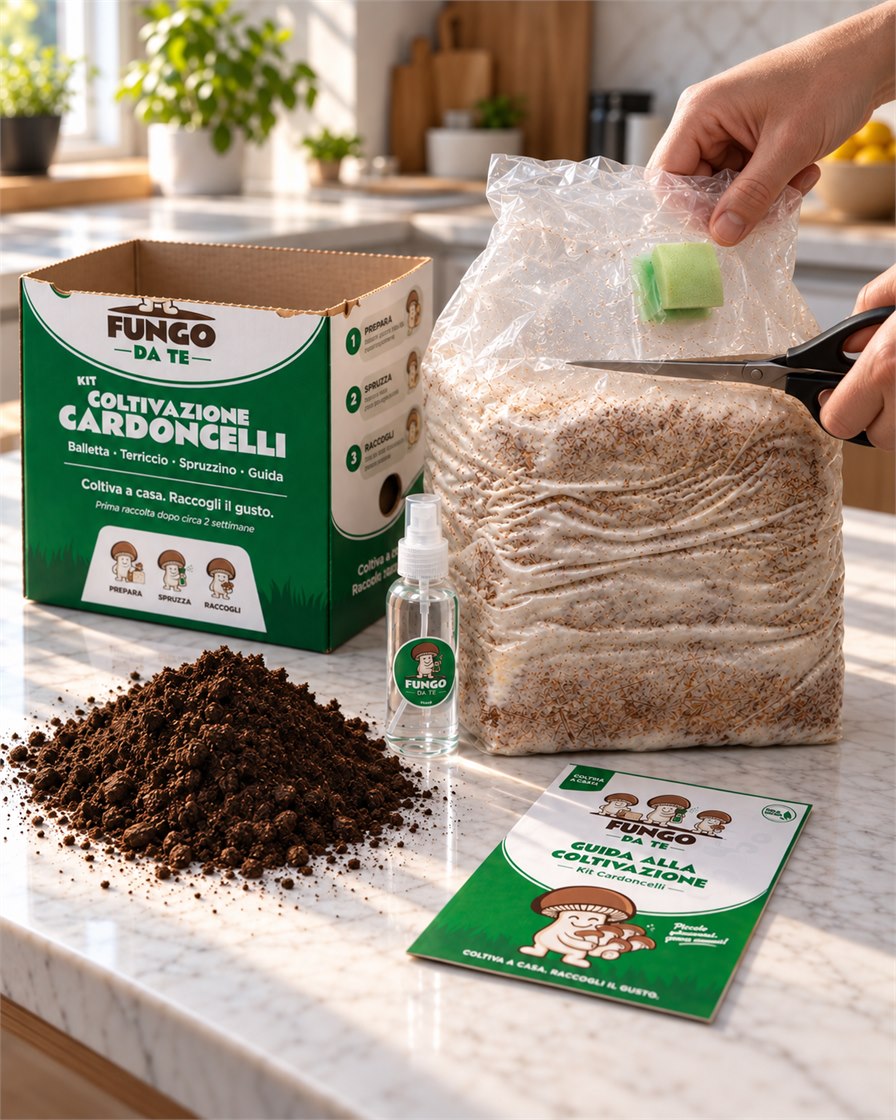 Opening the Fungo Da Te kit with block, casing soil, sprayer and printed guide