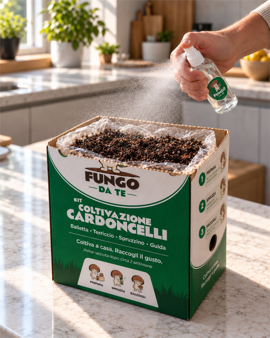Misting the casing soil of the Fungo Da Te king oyster mushroom kit