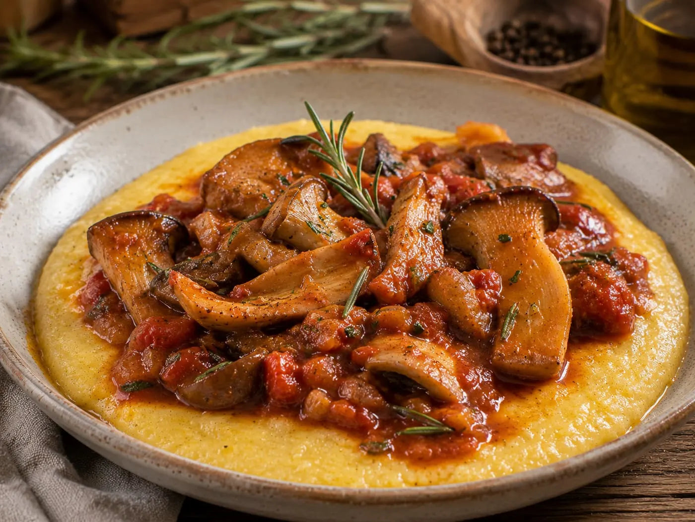 Polenta with braised king oysters