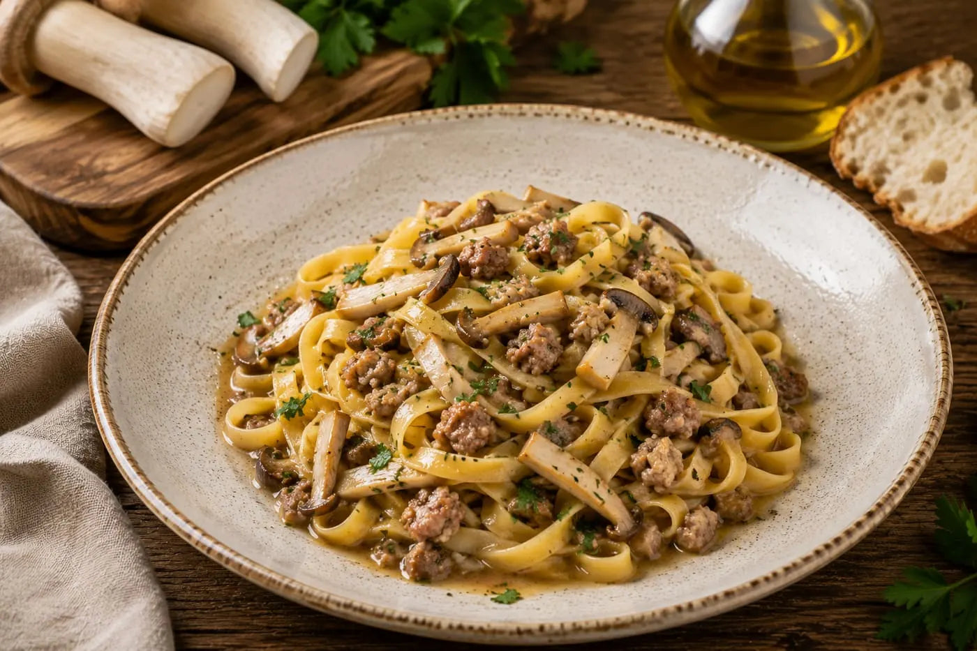 Tagliatelle with mushrooms and sausage